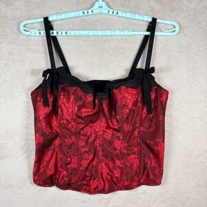 Cacique Corset Top Womens 26/28 Red Floral Satin Lace Trim Bow Boned Bustier
